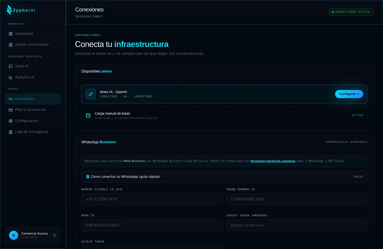 Conexiones · WhatsApp + motor IA